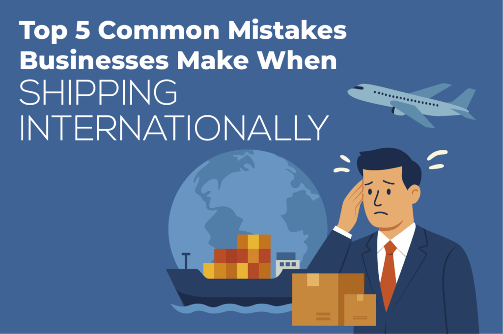 Businessman looks worried as a cargo ship, airplane, and boxes represent global shipping challenges. Text reads: “Top 5 Common Mistakes Businesses Make When Shipping Internationally.”