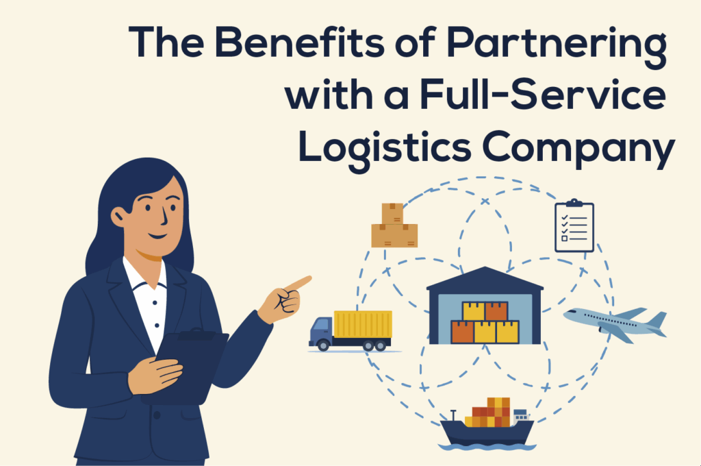 A flat-style illustration of a businesswoman pointing at interconnected logistics icons representing a full-service logistics company, including a warehouse, shipping, trucking, air freight, and clipboard checklist.